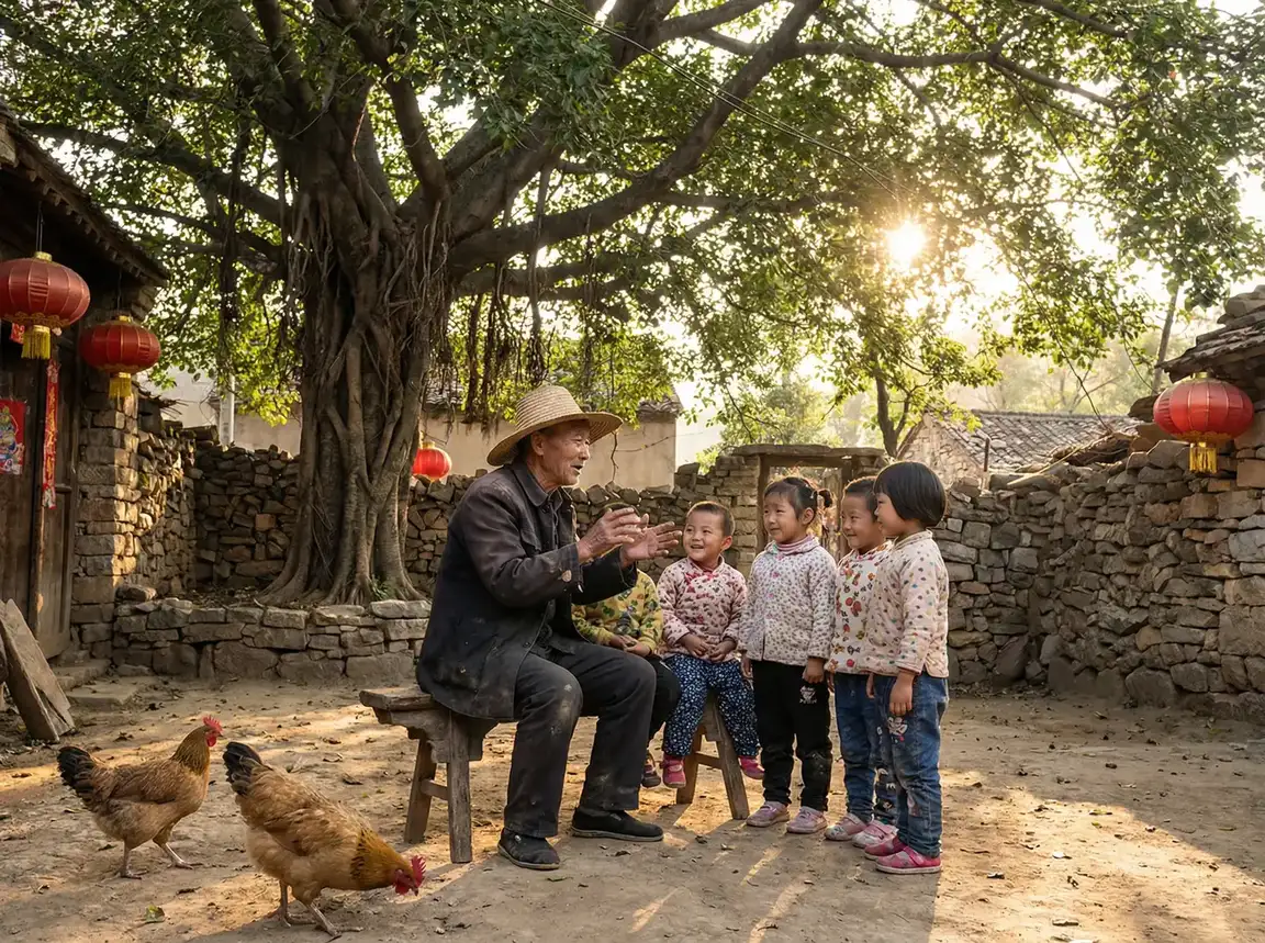 老人在大榕树下给孩子们讲故事 - 手机电视直播软件 乡村记忆